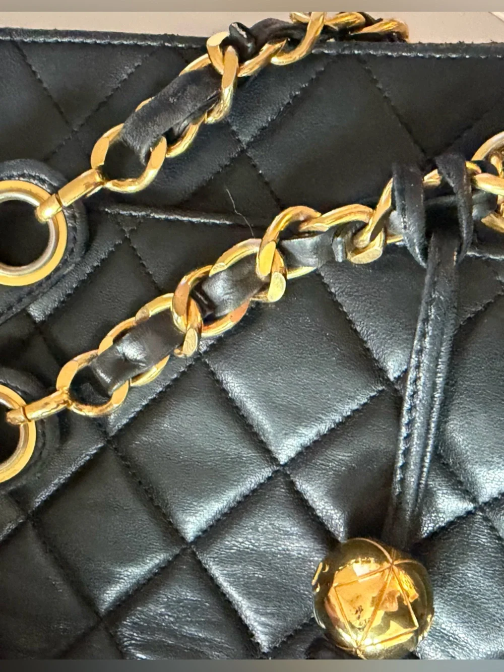 Chanel Vintage Quilted Lambskin Slit Pocket Shoulder Tote Black Gold Chain Charm